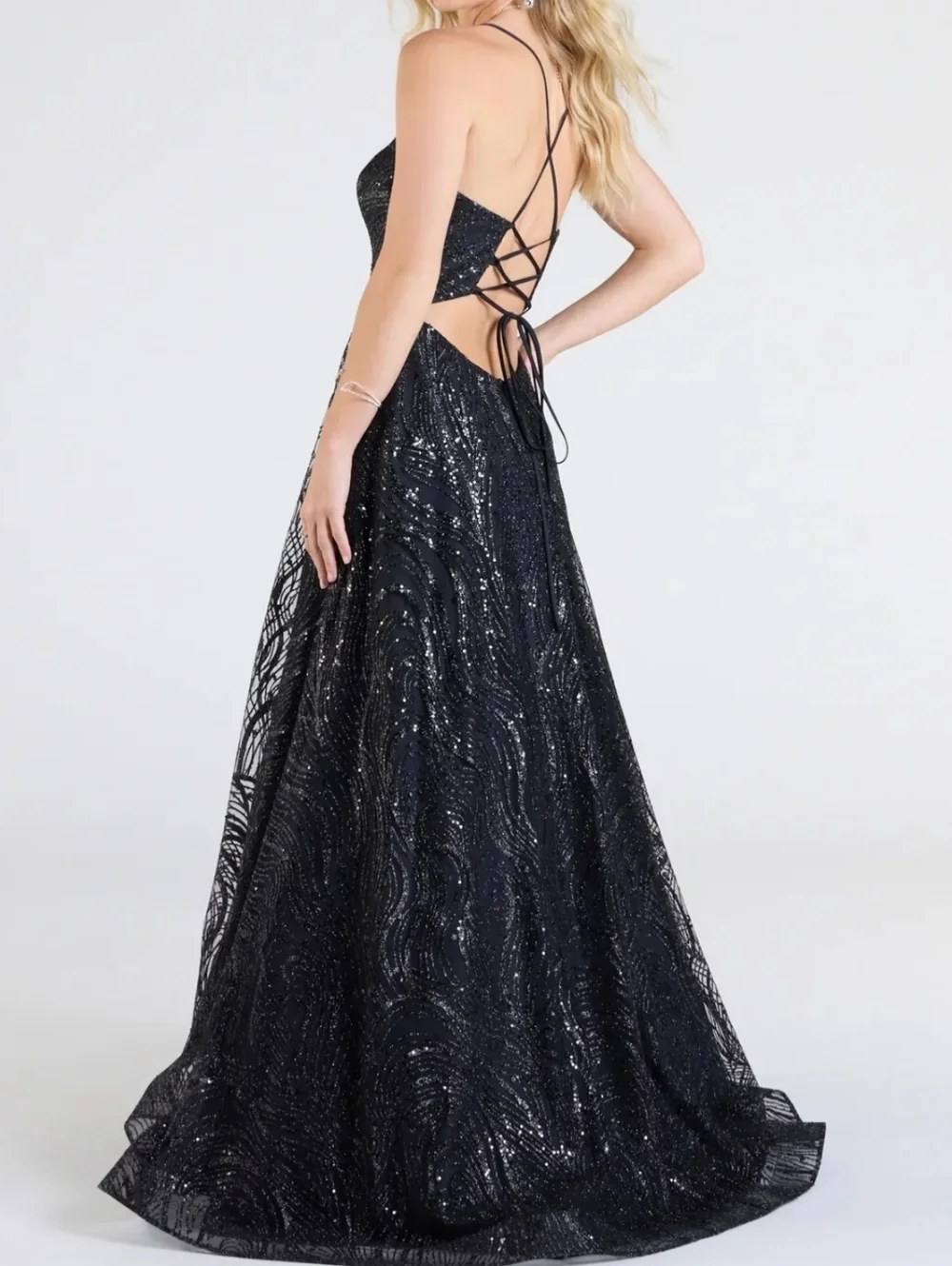 Black Sequined Spaghetti Strap Evening Gown With A Corset Back - Picture 2 of 3